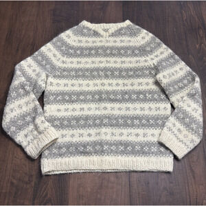 Vtg 100% Wool Sz Lg Hand Knit Sweater Nordic Chunky Cabin Scandi Ski Lodge Thick